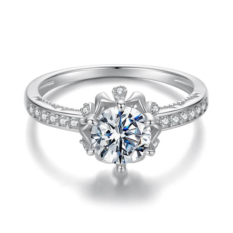 1 Carat Moissanite Flower Ring – D Color VVS1 Round Solitaire on 925 Sterling Silver Plant-Inspired Engagement Band for Women