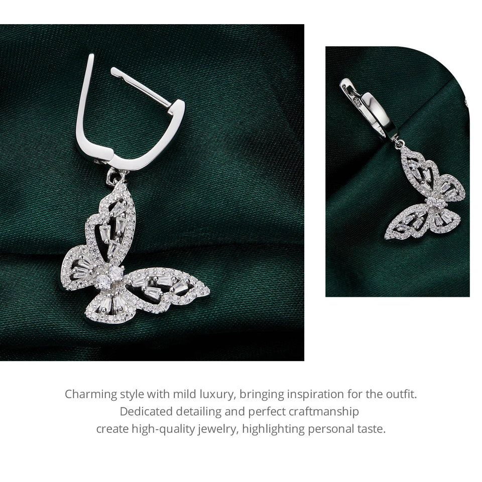 Sterling Silver CZ Butterfly Hoop Earrings – Elegant Dangle Charm Drop Earrings for Women and Girls