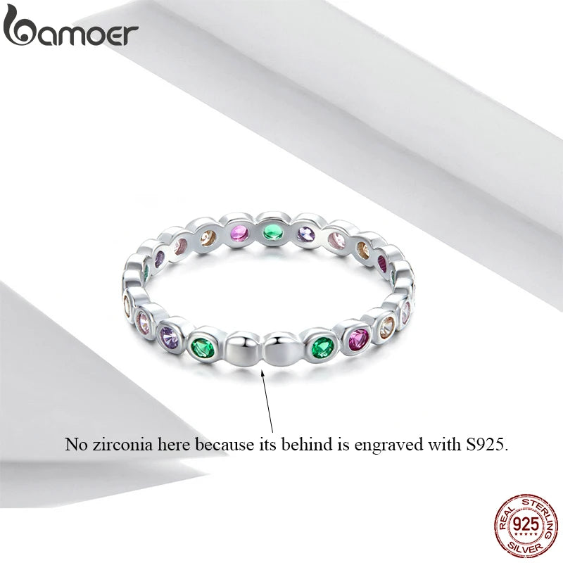 925 Sterling Silver Rainbow Zircon Ring – Dazzling Multicolor CZ Band for Women