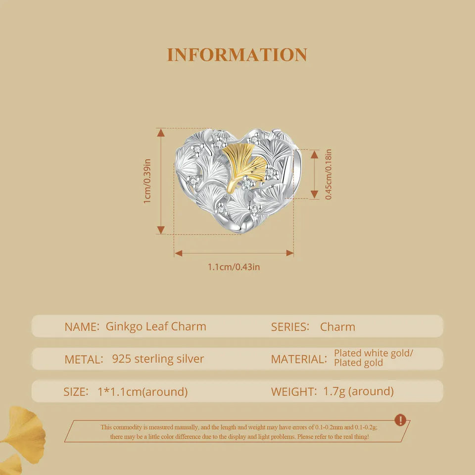 925 Sterling Silver Ginkgo Leaf and Butterfly Heart Charm – Autumn Collection Bead with Zircon for DIY Bracelets