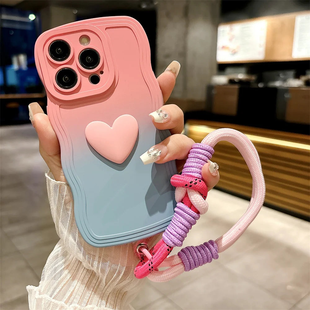 Cartoon Love Heart Gradient Case with Lanyard for iPhone 16/15/14/13/12/11/X/8/7 – Soft Wave Edge Wrist Strap Cover