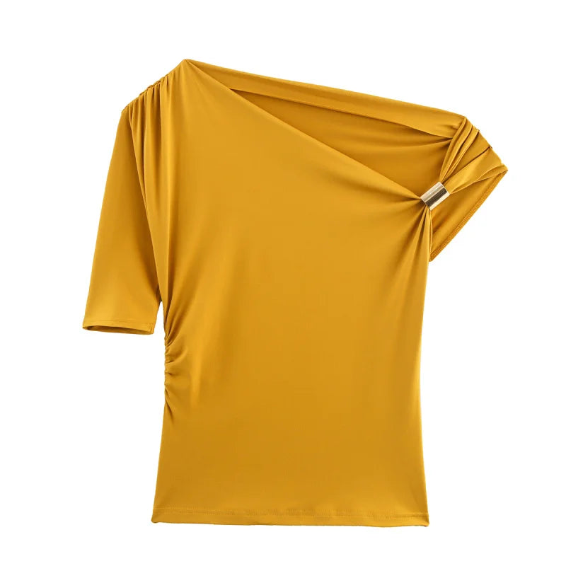 Women's Elegant Asymmetric Off-Shoulder Slim T-Shirt – Sexy Short Sleeve Casual Top for Summer Night Out