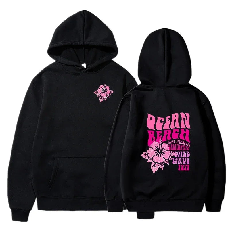 Beach Aesthetic Pink Hoodie with Ocean Flower Slogan – Casual Fleece Pullover Sweatshirt for Women