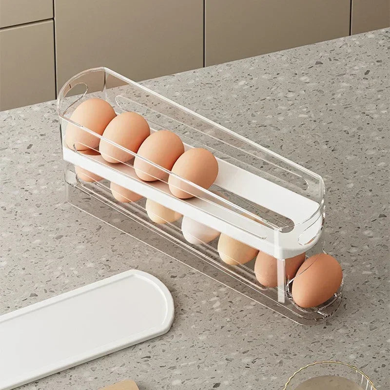 Two-Tier Automatic Rolling Egg Storage Box – Ladder Style Egg Organizer for Refrigerator