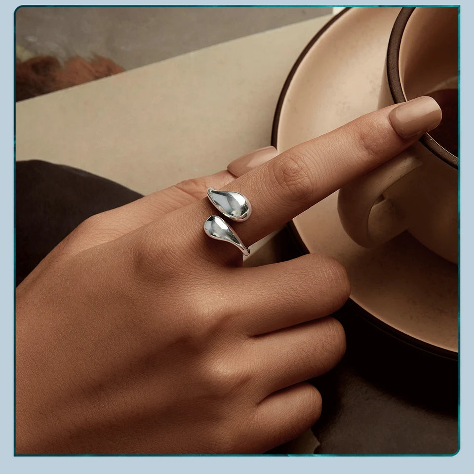 Chunky Gold Water Droplet Statement Ring – Adjustable 925 Sterling Silver Thumb Band for Women