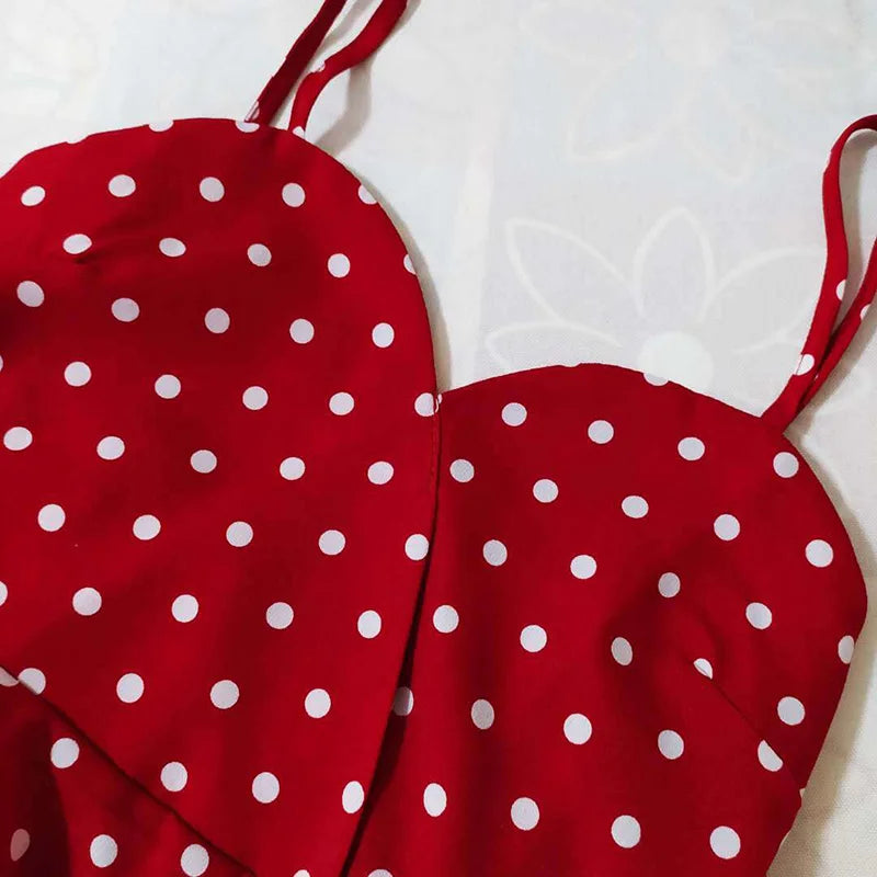 Women's Red Polka Dot Sleeveless Chiffon Blouse – V-Neck Short Pullover Top for Spring/Summer