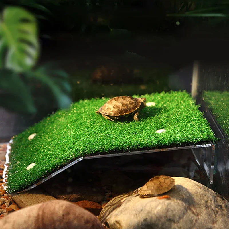 Turtle Basking Platform with Grass Ramp – S/M/L Floating Island Terrace for Reptile Habitat – Aquarium Rest Resting Dock with Suction Cups