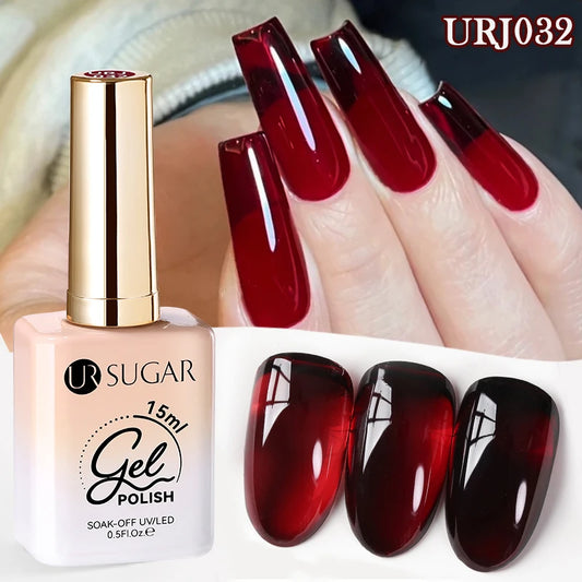 UR SUGAR 15ml Blood Red Jelly Gel Polish – Translucent Crystal Nude Gel for Fall & Winter UV/LED Manicure