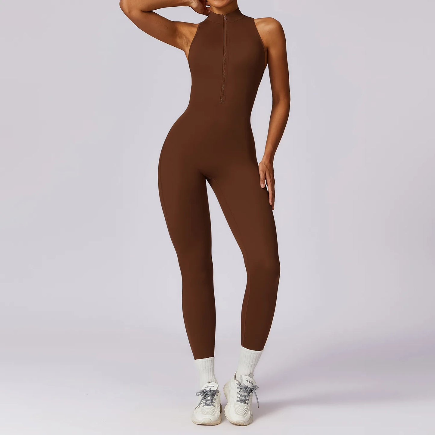 V-Back One-Piece Sports Jumpsuit for Women – Sleeveless Zipper Workout Romper for Yoga, Running & Fitness