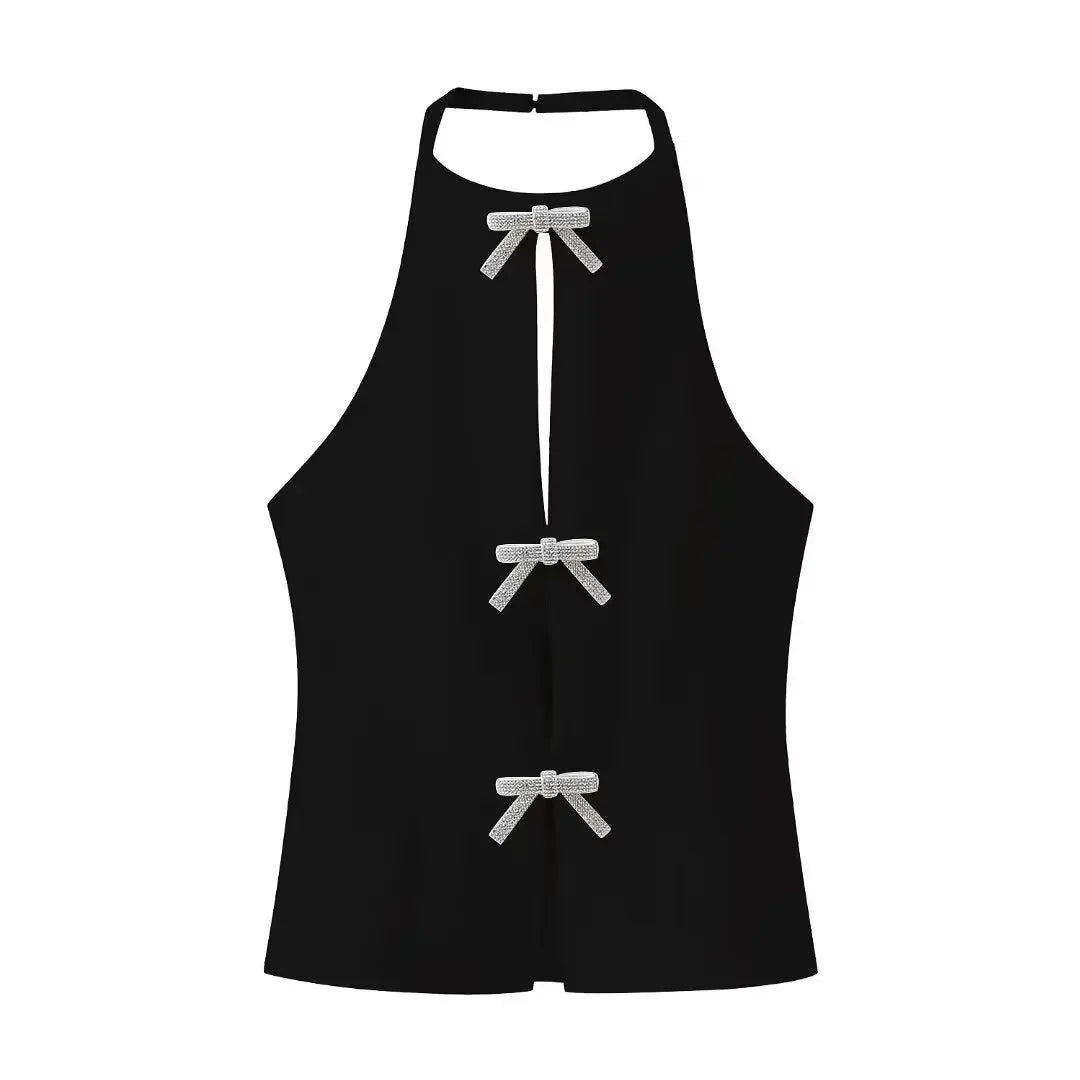Women's Sleeveless Halter Blouse with Jewelry Bow – Chic Summer Crop Top for Streetwear & Office Looks