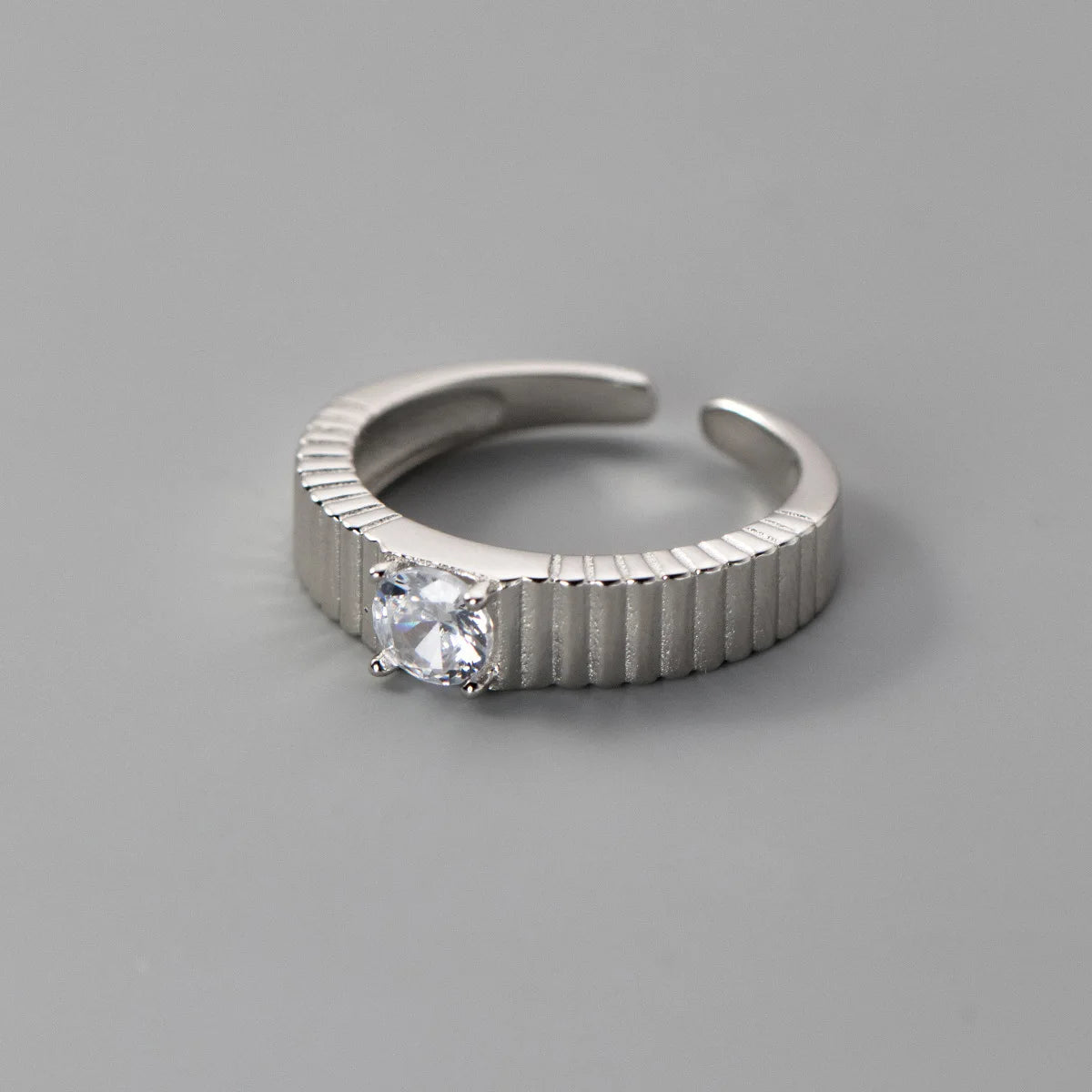925 Sterling Silver Stripe Zircon Open Ring – Classic Adjustable Cocktail Jewelry for Women