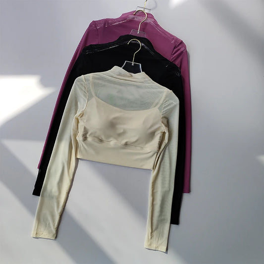 Women's Mesh Camisole Yoga Top – Long Sleeve Sports Bra with Chest Pads