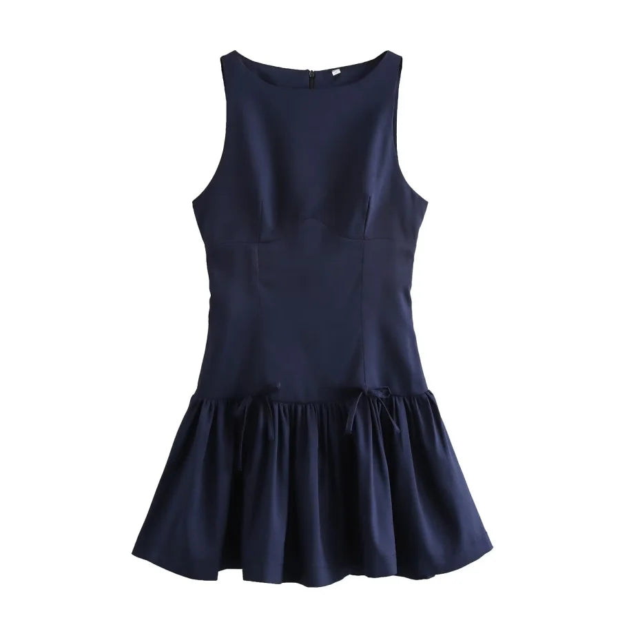 Sleeveless Black Mini Dress – Lace-Up Preppy Style A-Line School Dress