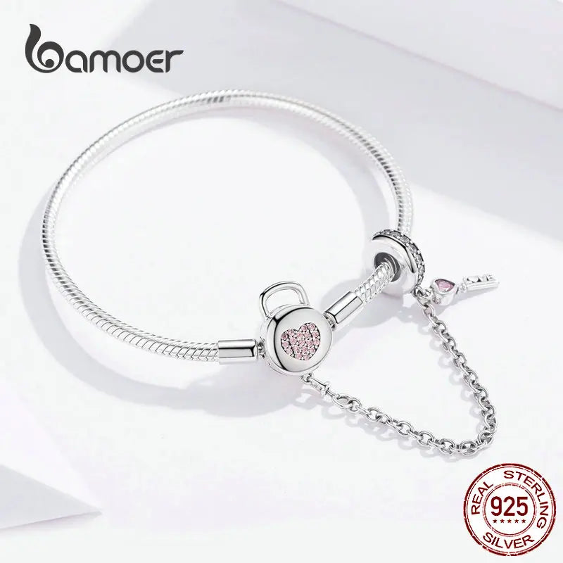 Sterling Silver Snake Chain Charm Bracelet – Pink Heart Lock & Key Design with Zircon Accents for Women