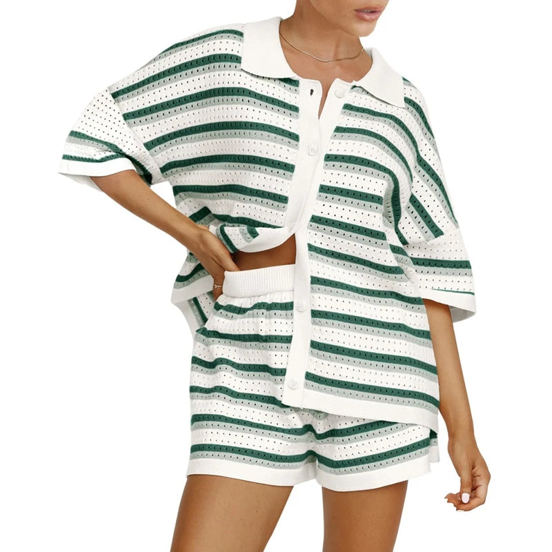 Women's Striped Summer Knit Lounge Set – Button-Up Crochet Blouse and Elastic Waist Shorts Two-Piece Outfit