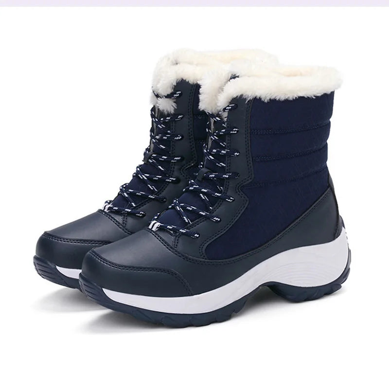 Women's Mid-Calf Winter Boots – Warm Plush Lined Platform Boots with Wedge Heel and Lace-Up Design