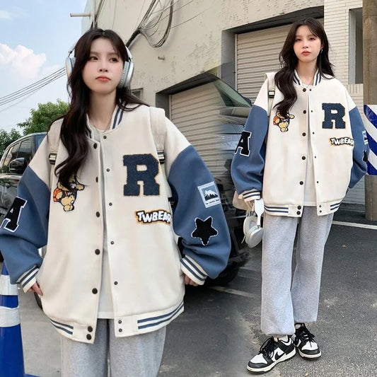Women's American Retro Padded Baseball Jacket – Autumn/Winter Loose Fit Appliqué Varsity Coat