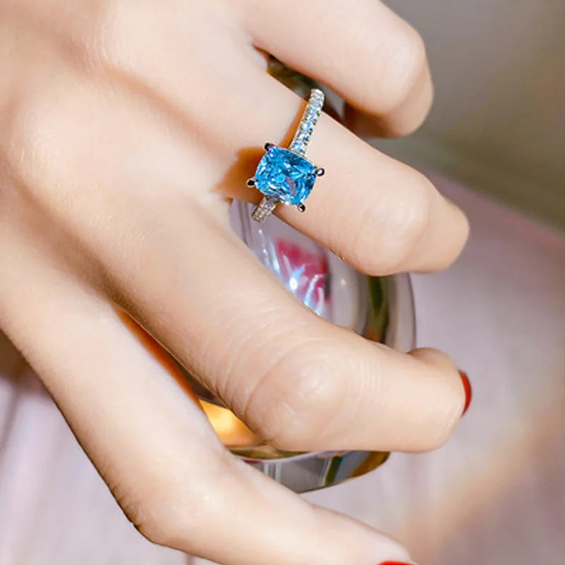 925 Sterling Silver Blue Square Zircon Cocktail Ring for Women – Trendy Geometric Statement Wedding Jewelry