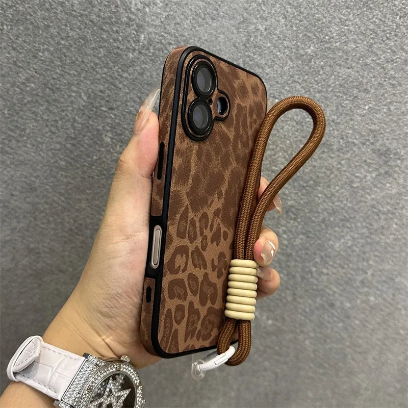 Cartoon Leopard Print Leather Case for iPhone 11/12/13/14/15/16 Series – Matte Cover with Wrist Strap, Lanyard, and Camera Lens Protection