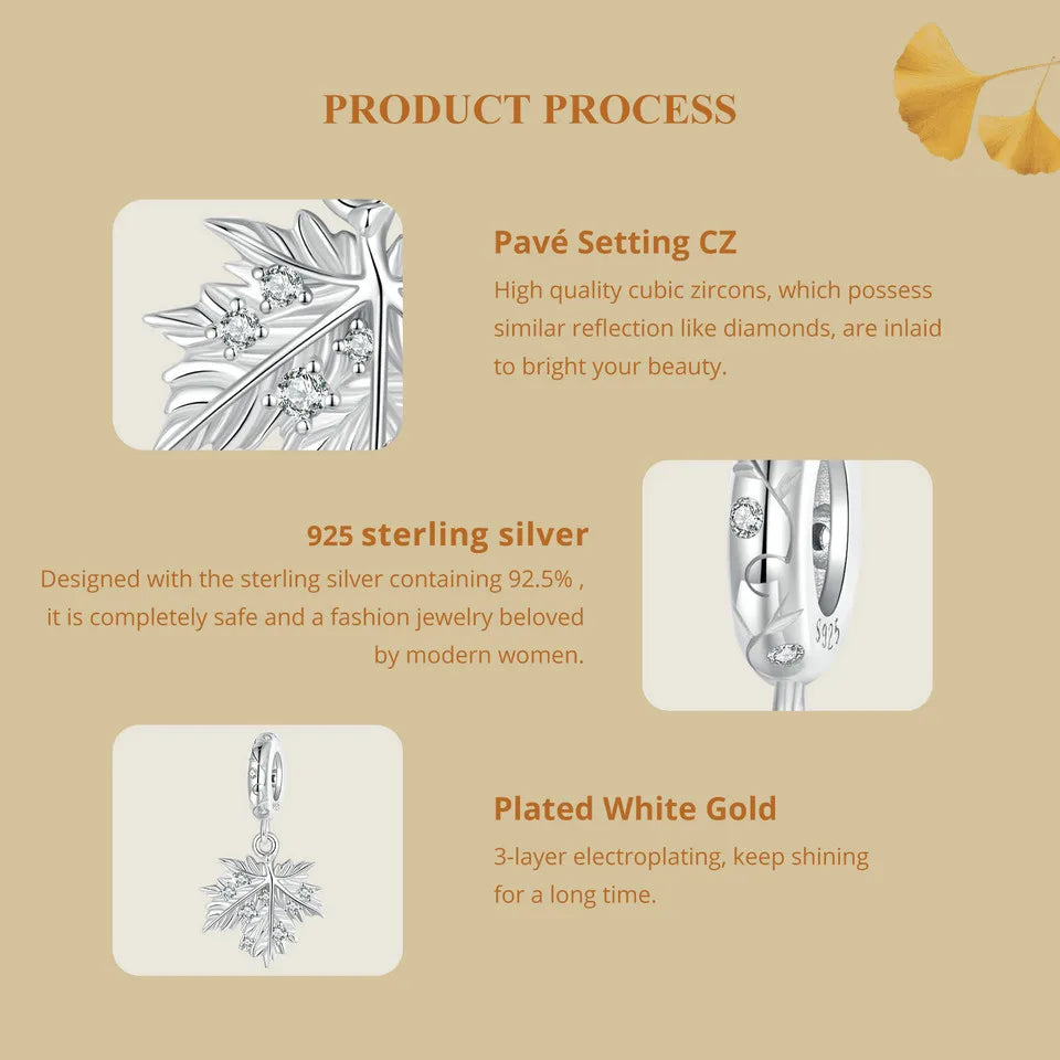 925 Sterling Silver Ginkgo Leaf and Butterfly Heart Charm – Autumn Collection Bead with Zircon for DIY Bracelets