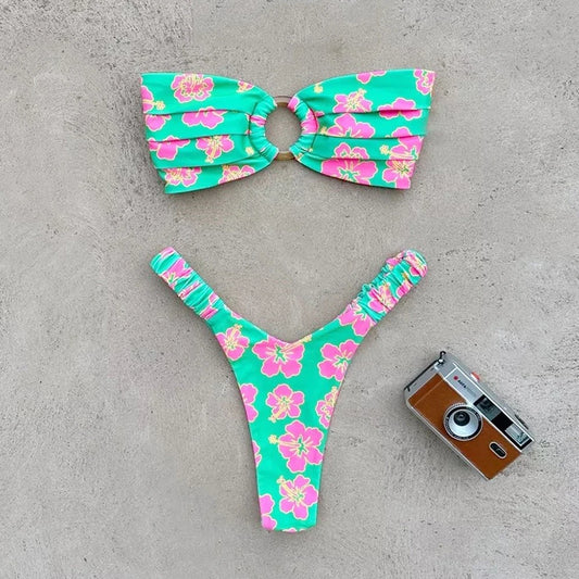 Sexy Micro Bikini Set – Brazilian Thong Swimsuit for Women with Push-Up Underwire Support and Plant Print Design