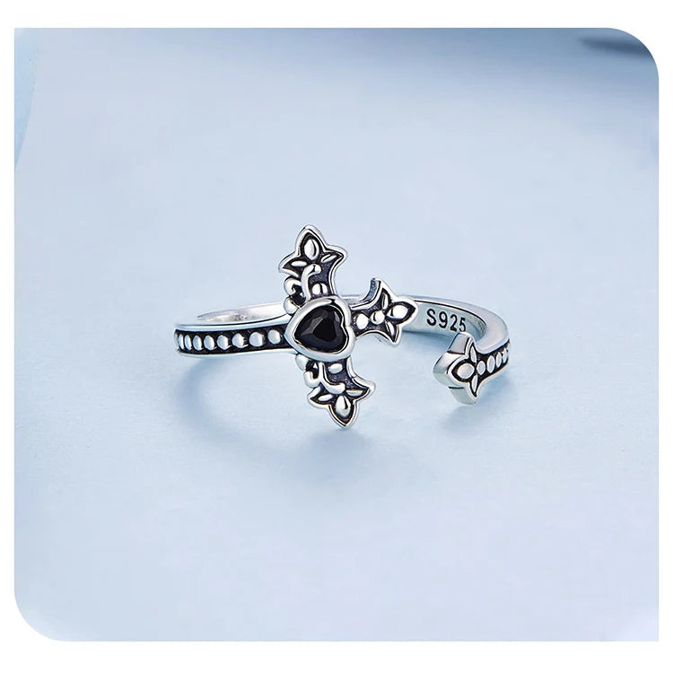 Sterling Silver Faith Cross Open Ring with Black Zircon – Vintage Statement Adjustable Ring for Women