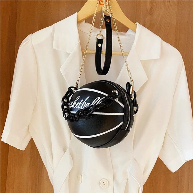 Women's Round Basketball Handbag – PU Leather Crossbody Bag with Zipper Closure & Cartoon Letter Detail