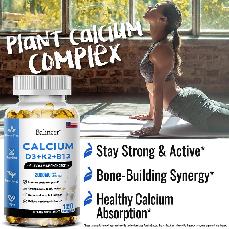 Calcium Supplement with Vitamins D3, K2 & B12 Plus Glucosamine Chondroitin – Bone, Teeth & Muscle Health Support – 120 Capsules