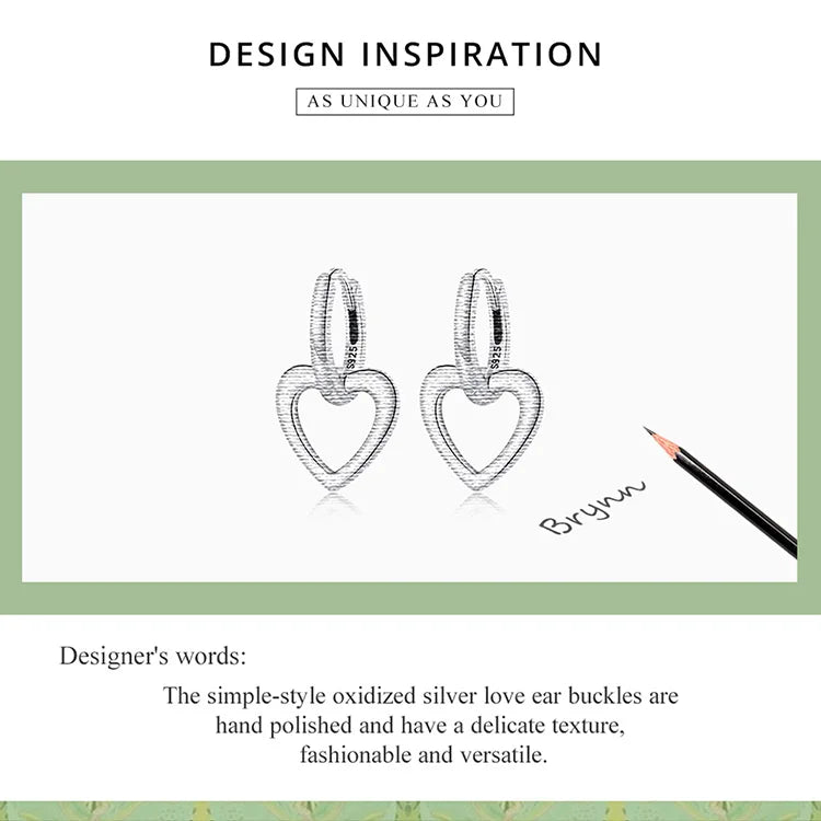 Sterling Silver Heart Drop Earrings – Simple Love Ear Buckles for Women in 925 Silver