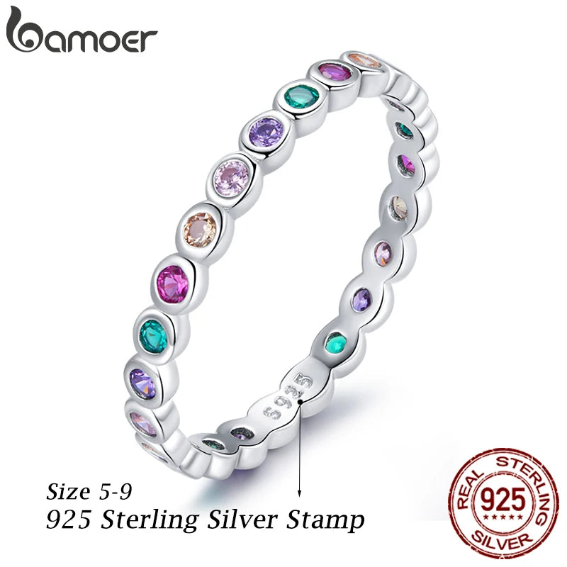 925 Sterling Silver Rainbow Zircon Ring – Dazzling Multicolor CZ Band for Women