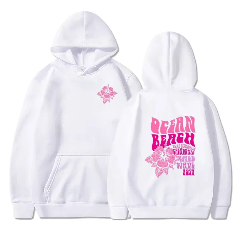 Beach Aesthetic Pink Hoodie with Ocean Flower Slogan – Casual Fleece Pullover Sweatshirt for Women
