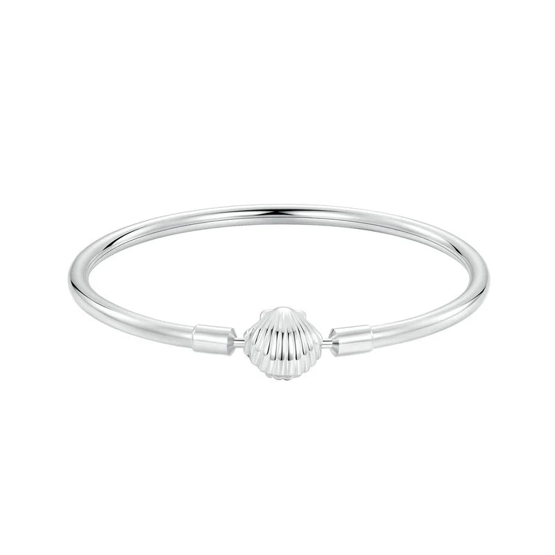Sterling Silver Charm Bangle with Heart or Shell Design – Classic 925 Basic Bracelet for Women DIY Jewelry