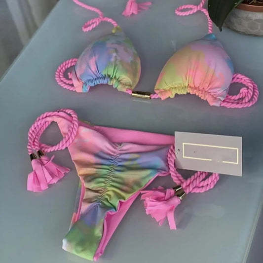 Sexy Printed Rope Bikini Set for Women – Two-Piece Split Swimsuit with Wire-Free Support and Removable Pads, Beach Style Swimwear