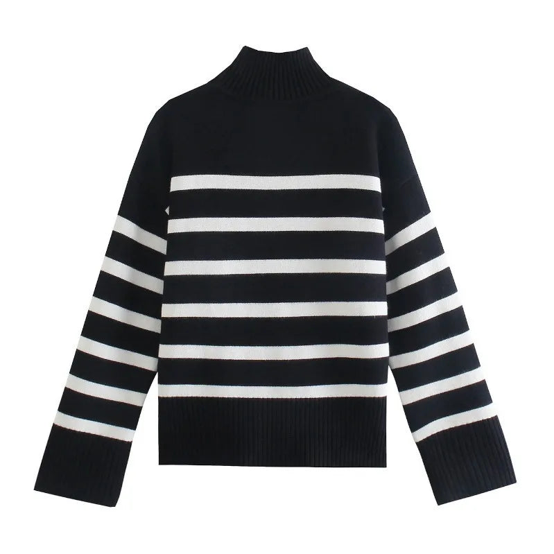 Women's Black and White Striped Turtleneck Sweater – Loose Fit Knit Pullover with Long Sleeves for Autumn and Winter