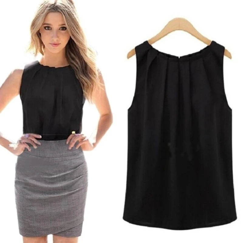 Women's Sleeveless Chiffon Blouse – Round Neck Solid Color Lightweight Summer Top