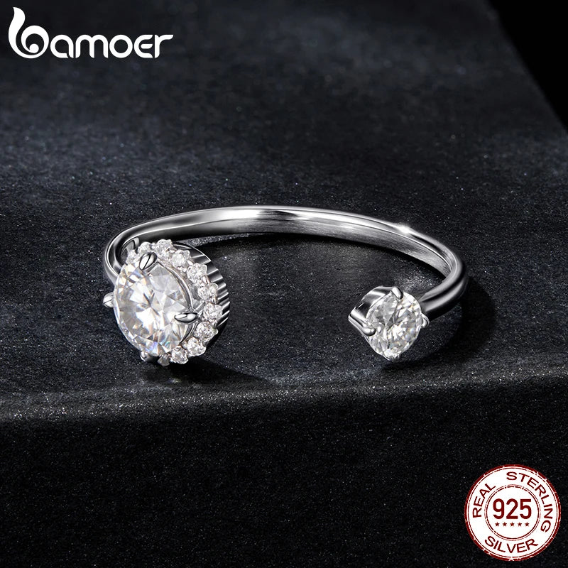 Adjustable Moissanite Open Ring – 925 Sterling Silver with White Gold Plating, 0.7CT D Color VVS1 Stones for Women