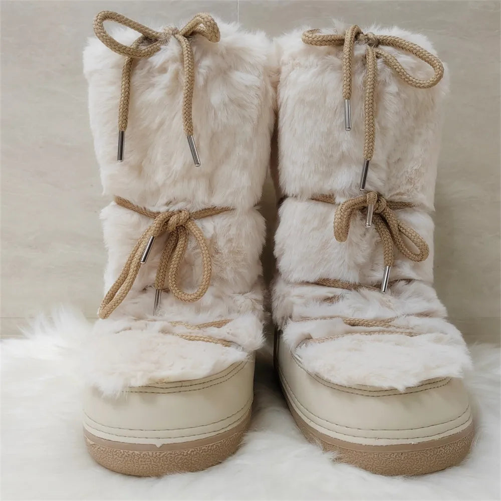 Women's Mid-Calf Snow Boots with Faux Rabbit Fur – Waterproof Winter Platform Ski Boots