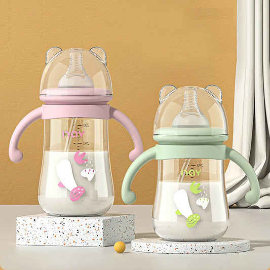 300ml Baby Feeding Bottle with Handle – Wide Mouth PP Water Cup with Silicone Pacifier, Cartoon Design, BPA-Free and Multi-Purpose