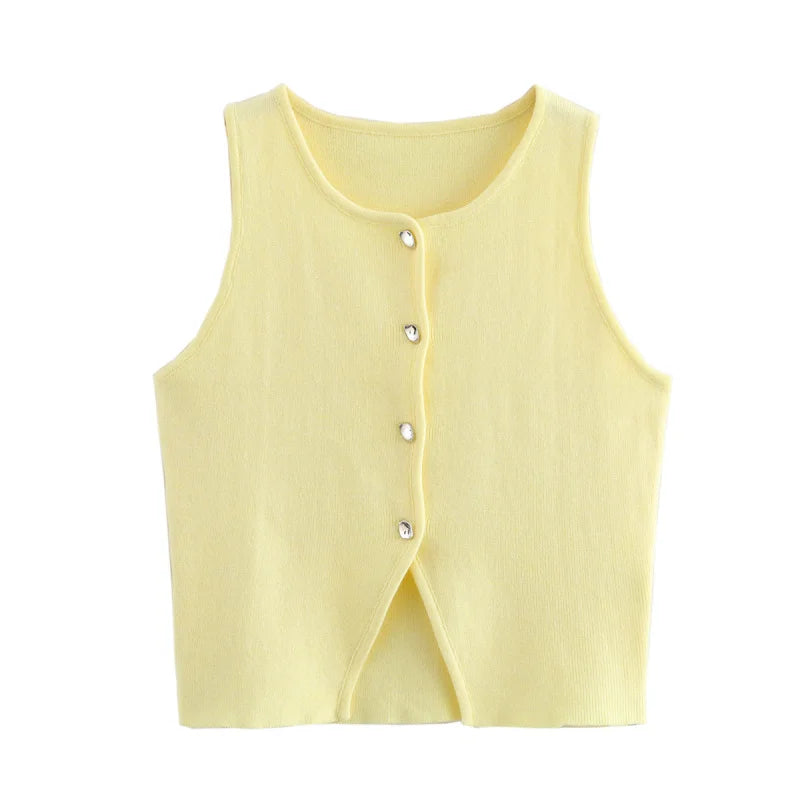 Slim Fit Knit Button Vest – Sleeveless Round Neck Solid Color Crop Top