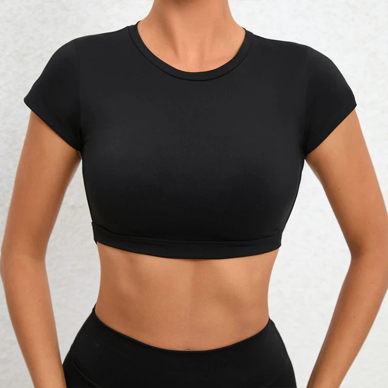 Backless Breathable Workout Crop Top – Short Sleeve Sports Shirt for Women