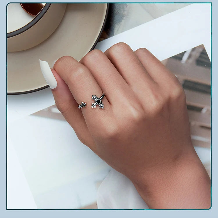 Sterling Silver Faith Cross Open Ring with Black Zircon – Vintage Statement Adjustable Ring for Women