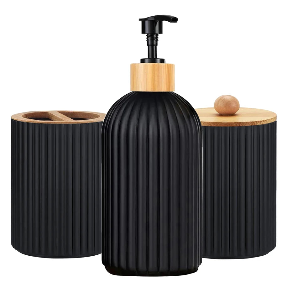 Bathroom Countertop Organizer – Hand Soap Dispenser, Cotton Ball Storage Box, and Toothbrush Holder with Bamboo Accents