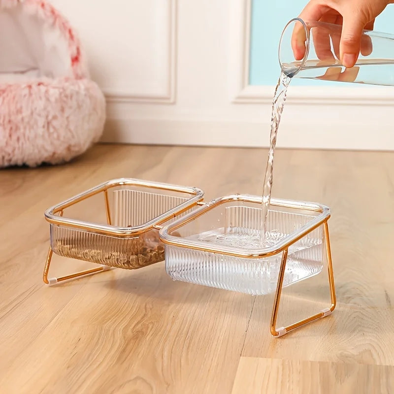 Transparent Double Cat Bowl with Tilted Stand – Anti-Slip Raised Pet Feeder for Food and Water