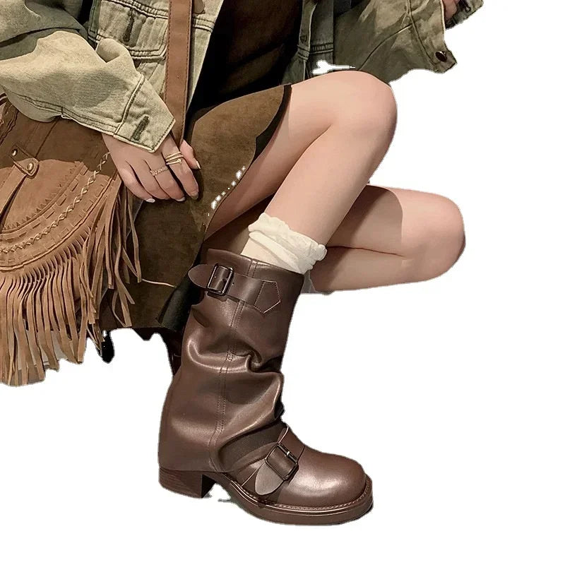 Women's Pleated Slip-On Knight Boots – Brown PU Leather Mid-Calf Riding Boots with Buckle and Thick Heel
