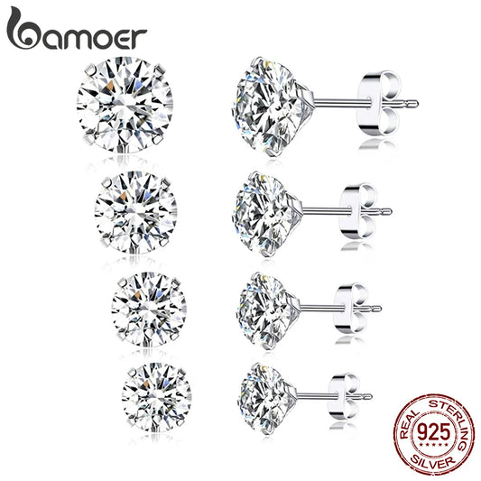 Sterling Silver CZ Stud Earrings – Round Platinum-Plated Hypoallergenic Zirconia in Multiple Sizes (4mm–7mm)