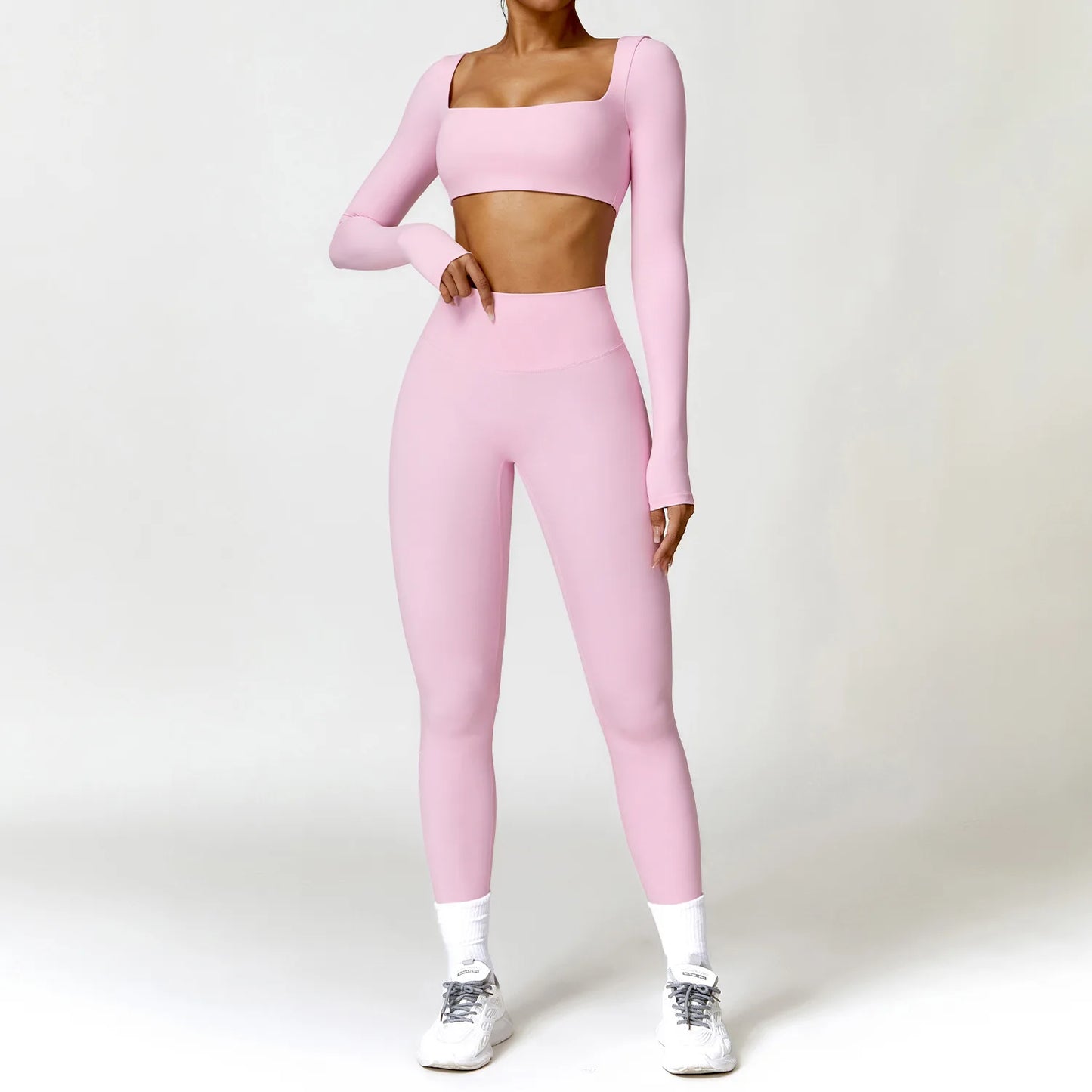 2PCS Quick-Dry Yoga Workout Set – Long Sleeve Top & High Waist Leggings for Women