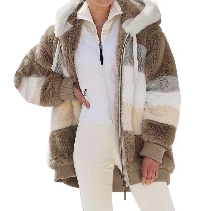 Women's Oversized Plush Hooded Jacket – Warm Loose Fit Zip-Up Streetwear Outerwear with Pockets