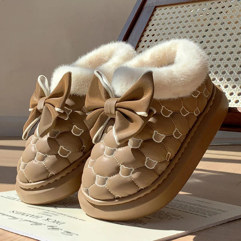 Women's Platform Snow Booties – Cute Bowknot Indoor Winter Slippers with Plush Lining and Flat Sole