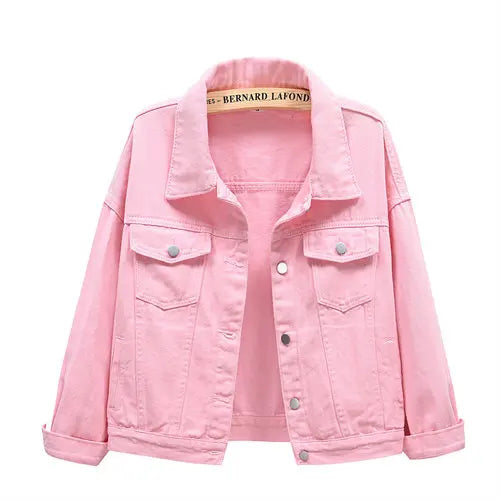 Women's Pure Color Denim Jacket – Lapel Collar Single-Breasted Short Coat with Pockets