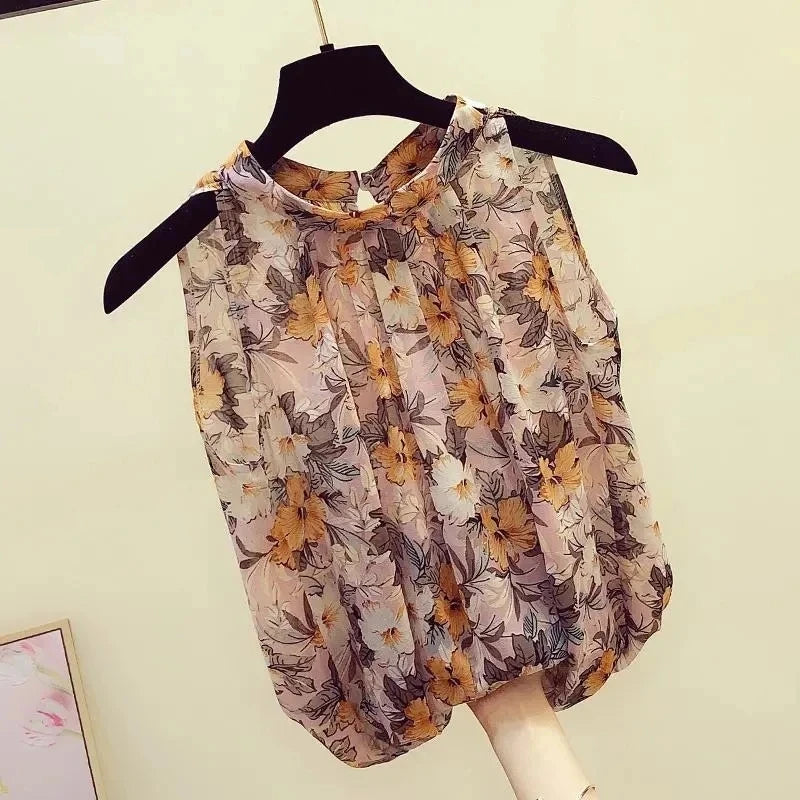 Women's Sleeveless Loose Fit Floral Chiffon Blouse – Orange Print O-Neck Pullover Top for Spring and Summer